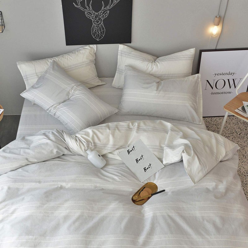OREISE Duvet Cover Set Full/Queen Size 100% Cotton White/Light Gray Printed Striped Reversible Design 3Piece Bedding Set (1 Duvet Cover + 2 Pillow Shams) with Zipper Closure Soft Breathable - Image 2